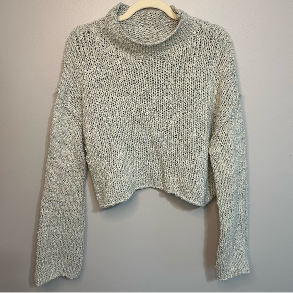 By Anthropologie Cropped Blue Chunky Knit Mock Neck Sweater Women’s Size Small - Picture 3 of 7